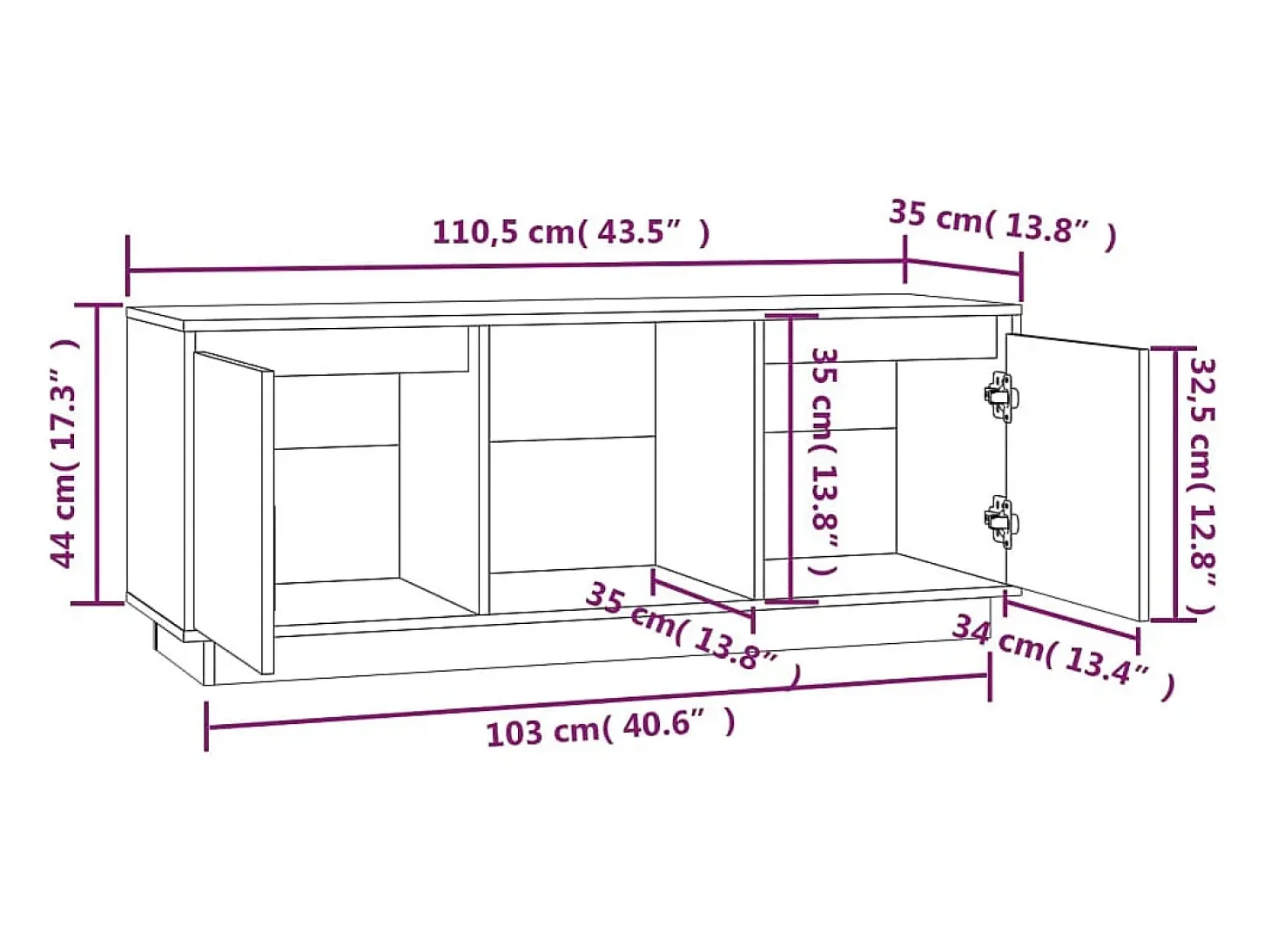 Mueble para TV de madera maciza de pino blanco 110,5x35x44 cm