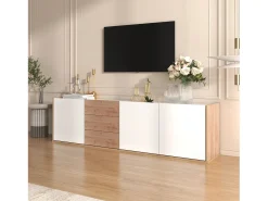 Mueble para TV suspendido o mueble para TV con 3 cajones y 3 puertas - 171,5 L x 35 W x 47 H cm - Tablero de partículas - Blanco + natural