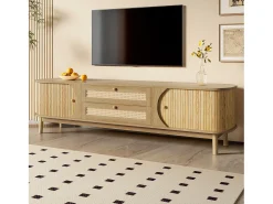 Mueble para TV 170x40x46 cm - 2 cajones y 2 puertas - grano de madera natural + Ratán - MDF - Natural