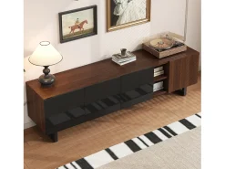 Mueble para TV 180x38x50 cm - con 4 puertas - aspecto madera - Puertas de alto brillo - MDF + paneles de partículas - Natural + negro