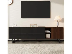 Mueble para TV 180x38x50 cm - con 4 puertas - aspecto madera - Puertas de alto brillo - MDF + paneles de partículas - Natural + negro