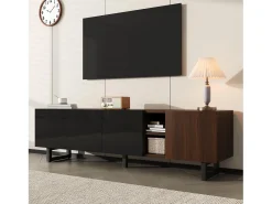 Mueble para TV 180x38x50 cm - con 4 puertas - aspecto madera - Puertas de alto brillo - MDF + paneles de partículas - Natural + negro
