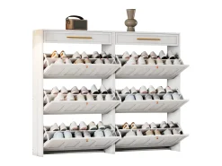 Mueble para zapatos 2 piezas 140x25x123,5 cm - 6 puertas abatibles y 2 cajones - 12 estantes - MDF - Blanco