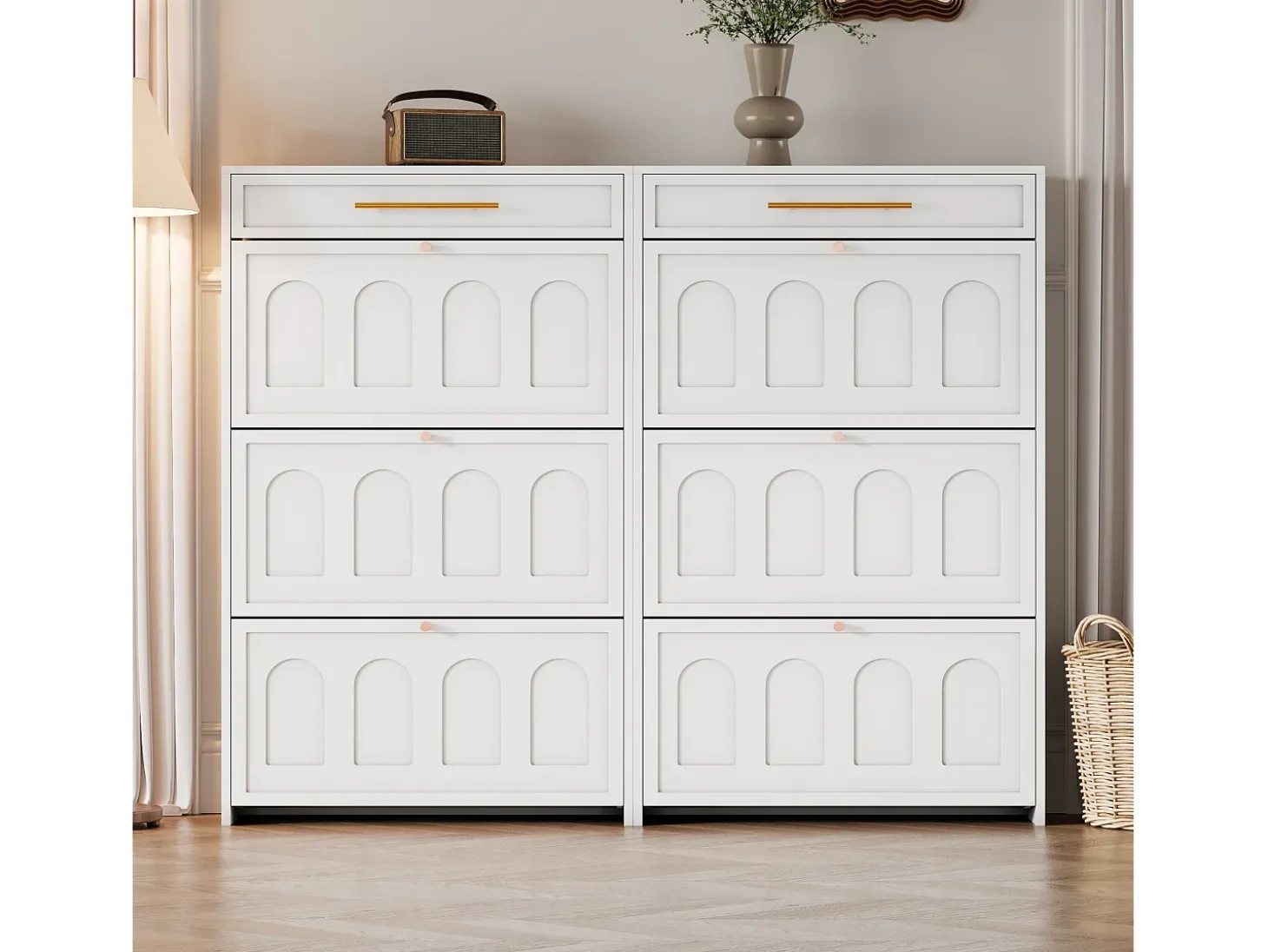 Mueble para zapatos 2 piezas 140x25x123,5 cm - 6 puertas abatibles y 2 cajones - 12 estantes - MDF - Blanco