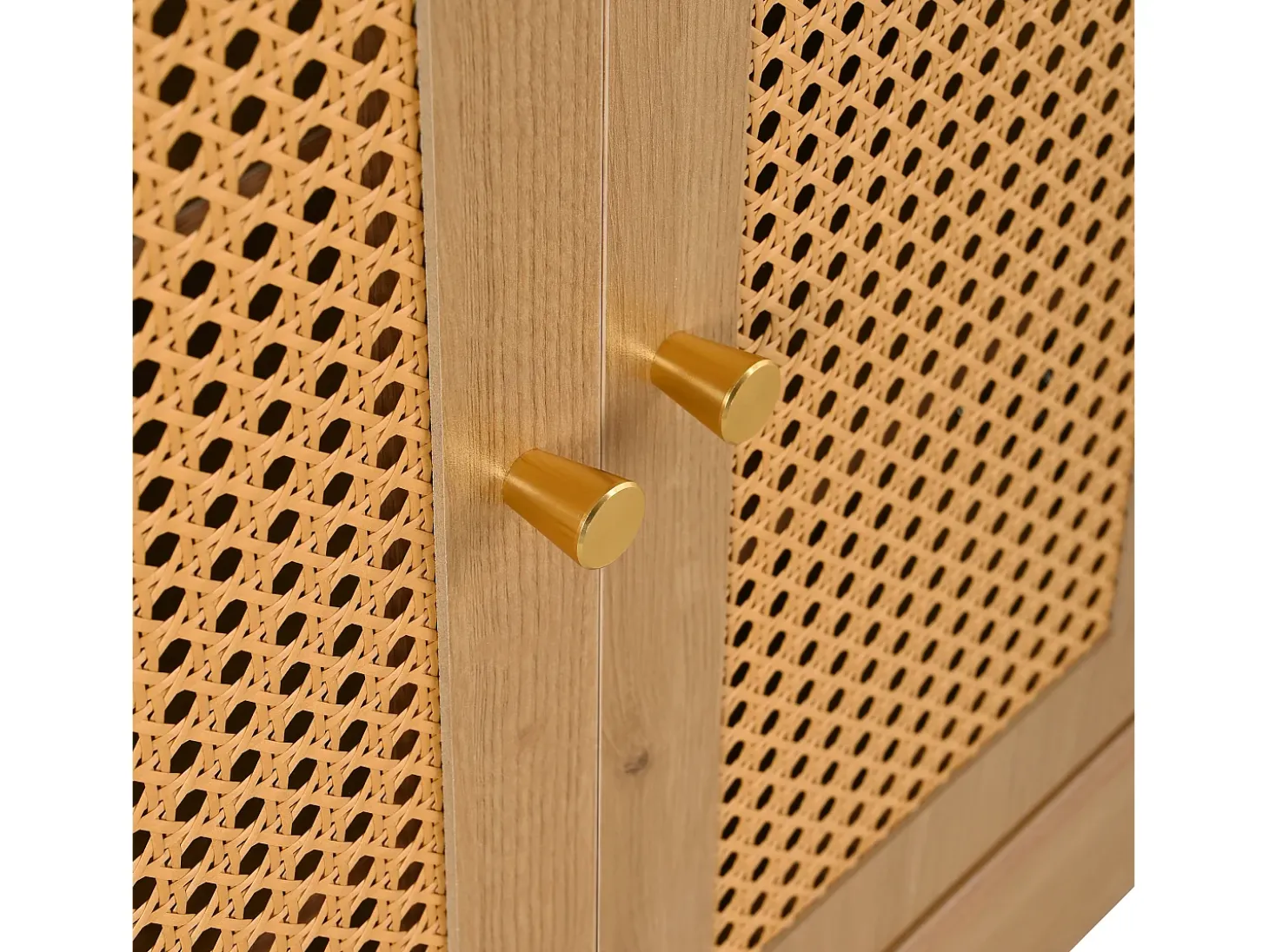 Mueble para zapatos multifuncional 142x35x110cm - con un asiento acolchado - con 3 puertas de ratán y 1 cajón - Natural