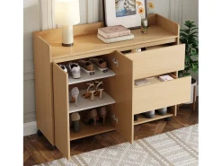 Mueble para zapatos móvil 110×35×86 cm - con ruedas giratorias - 2 puertas y 2 cajones - estantes regulables - MDF - natural