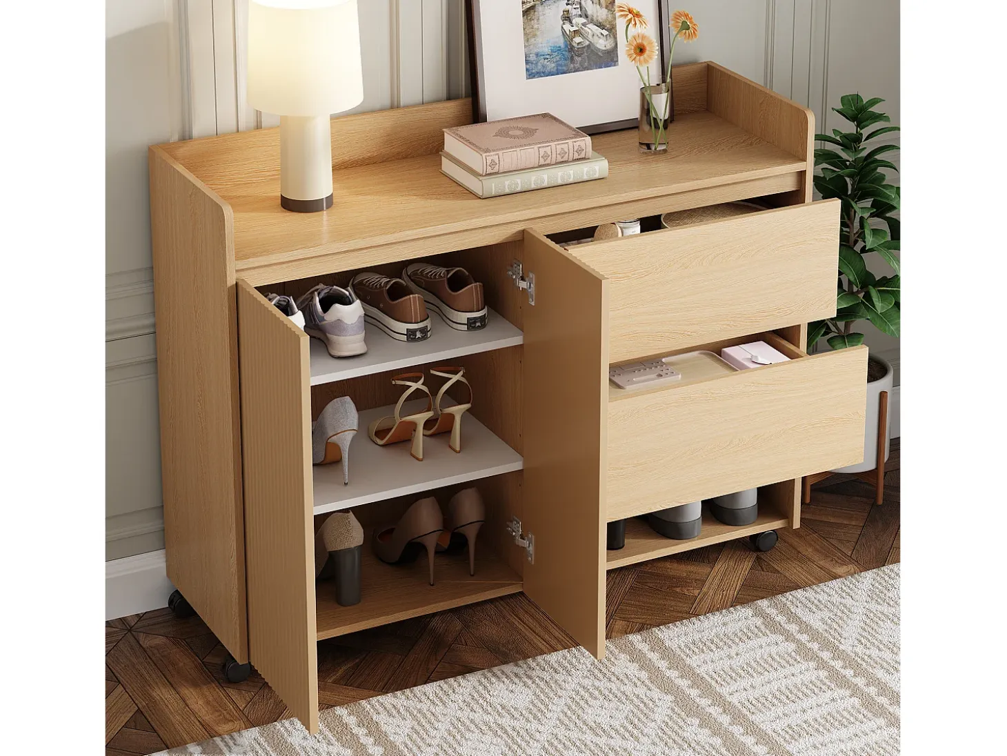 Mueble para zapatos móvil 110×35×86 cm - con ruedas giratorias - 2 puertas y 2 cajones - estantes regulables - MDF - natural