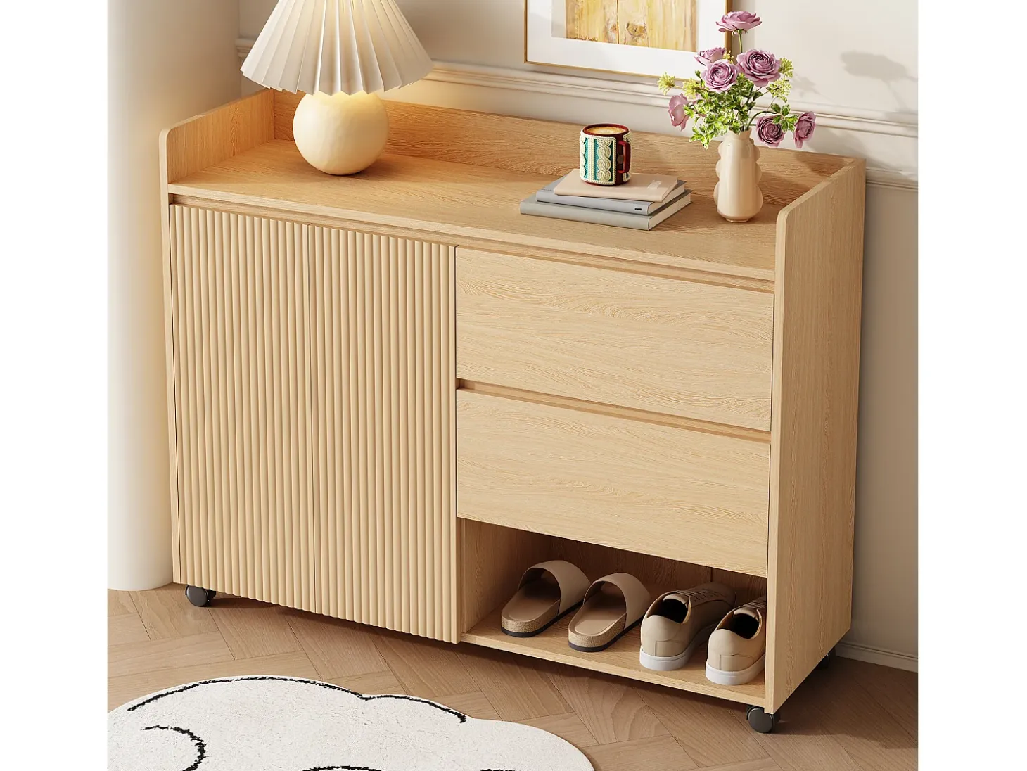 Mueble para zapatos móvil 110×35×86 cm - con ruedas giratorias - 2 puertas y 2 cajones - estantes regulables - MDF - natural