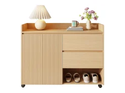 Mueble para zapatos móvil 110×35×86 cm - con ruedas giratorias - 2 puertas y 2 cajones - estantes regulables - MDF - natural
