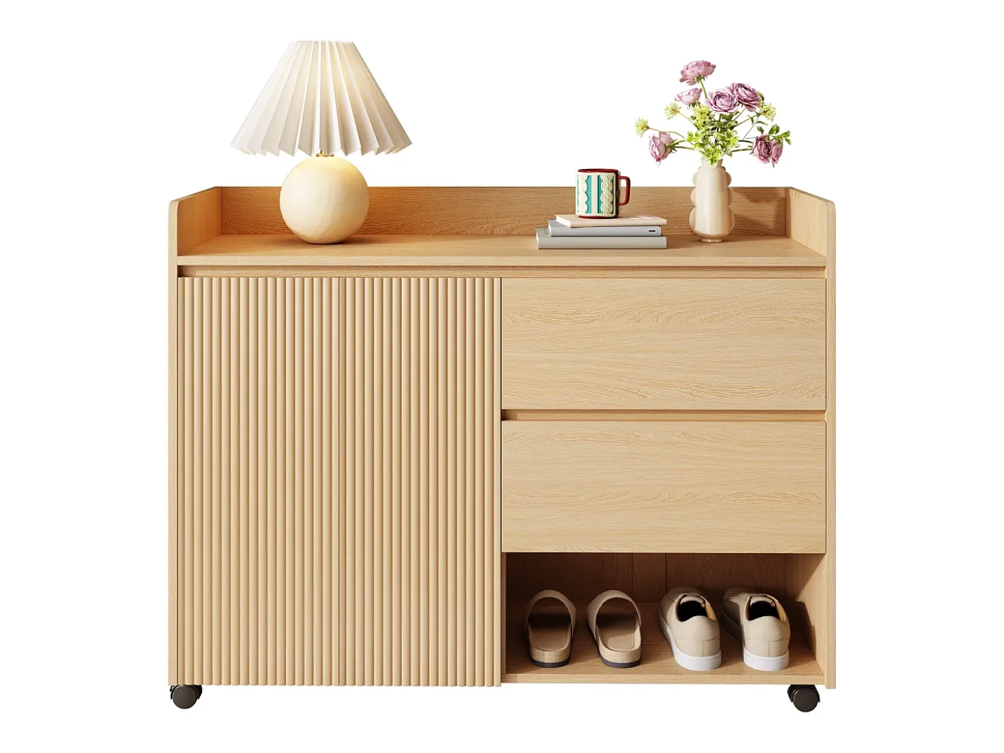 Mueble para zapatos móvil 110×35×86 cm - con ruedas giratorias - 2 puertas y 2 cajones - estantes regulables - MDF - natural