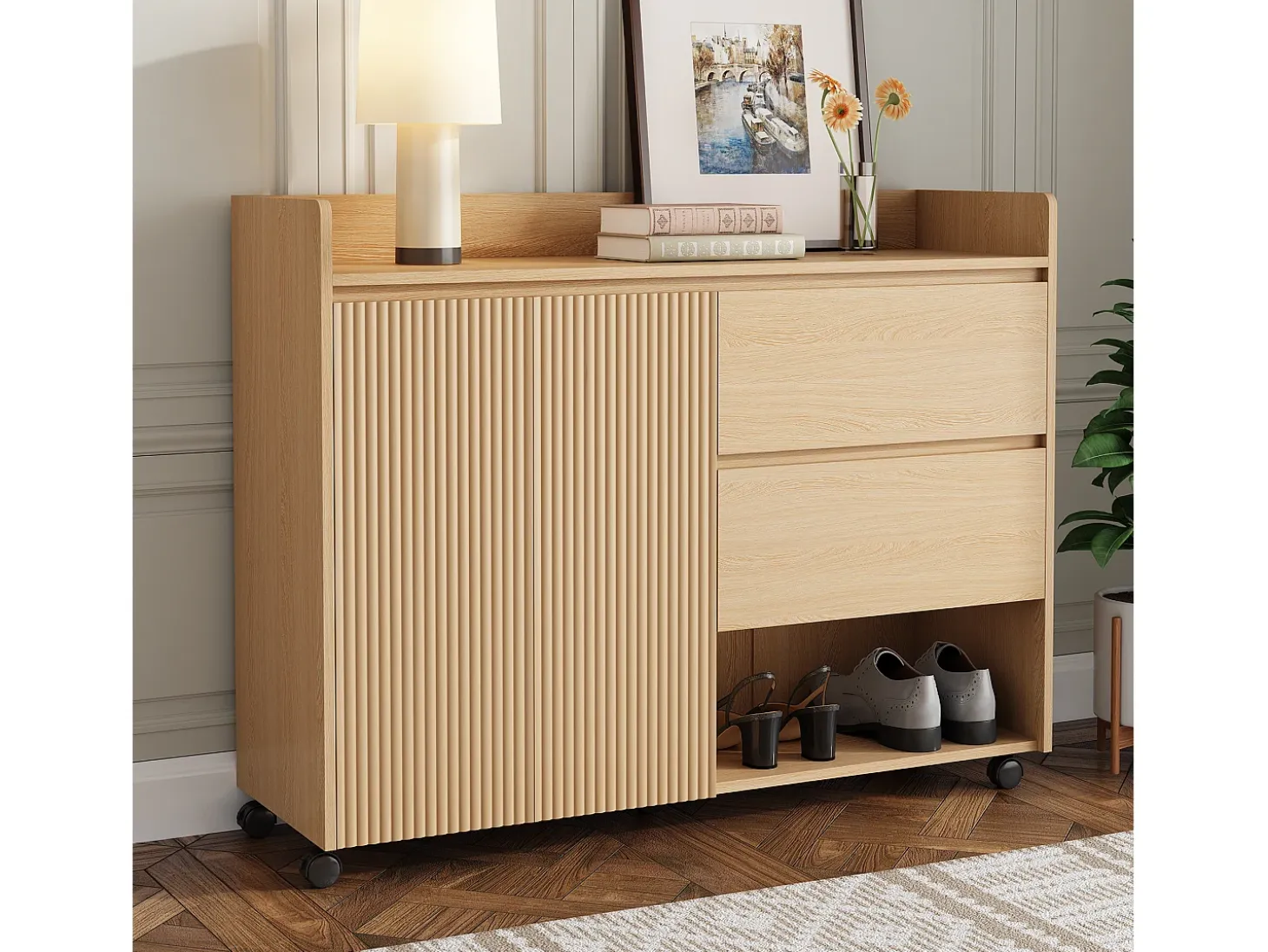 Mueble para zapatos móvil 110×35×86 cm - con ruedas giratorias - 2 puertas y 2 cajones - estantes regulables - MDF - natural