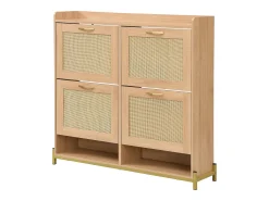 Mueble para zapatos 108.5x24x100 cm - con 4 puertas de ratán - Estructura de metal - MDF - Natural