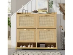 Mueble para zapatos 108.5x24x100 cm - con 4 puertas de ratán - Estructura de metal - MDF - Natural