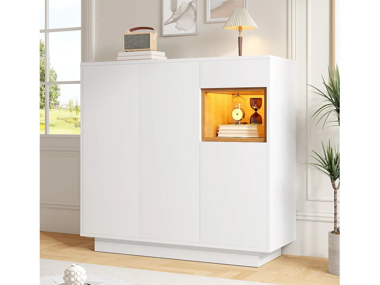 Mueble para zapatos 105x39.5x100.5 cm - 1 cajón y 3 puertas - con iluminación LED - con estantes ajustables - Blanco y natural