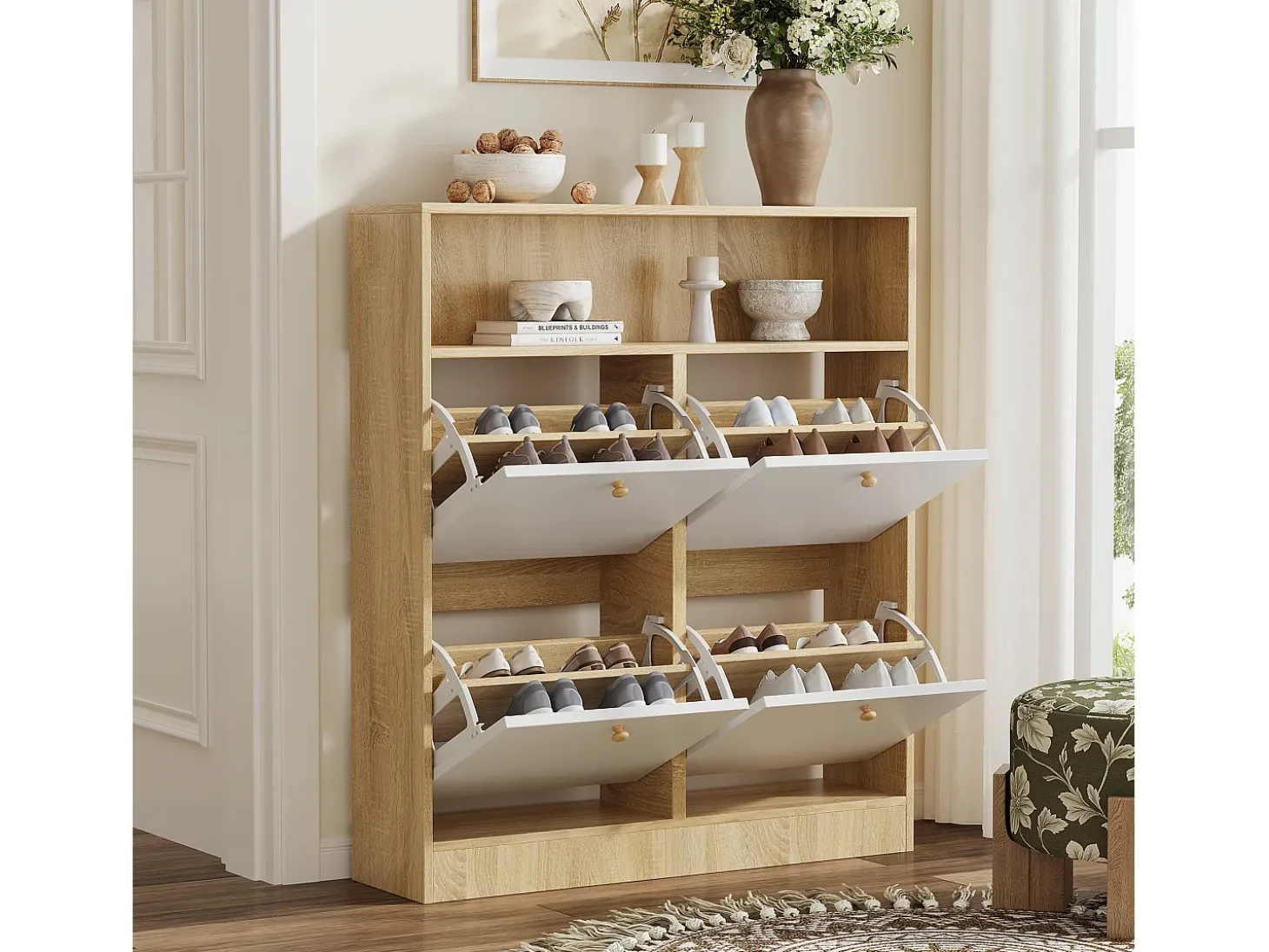 Mueble para zapatos 90x24x104,5cm - con 4 puertas abatibles - con estantes abiertos - Blanco + Natural