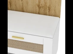 Mueble recibidor Espejo integrado y banco 110x38x190cm Puertas efecto ratán MDF y tablero de partículas blanco y efecto madera ganchos dorados iluminación LED