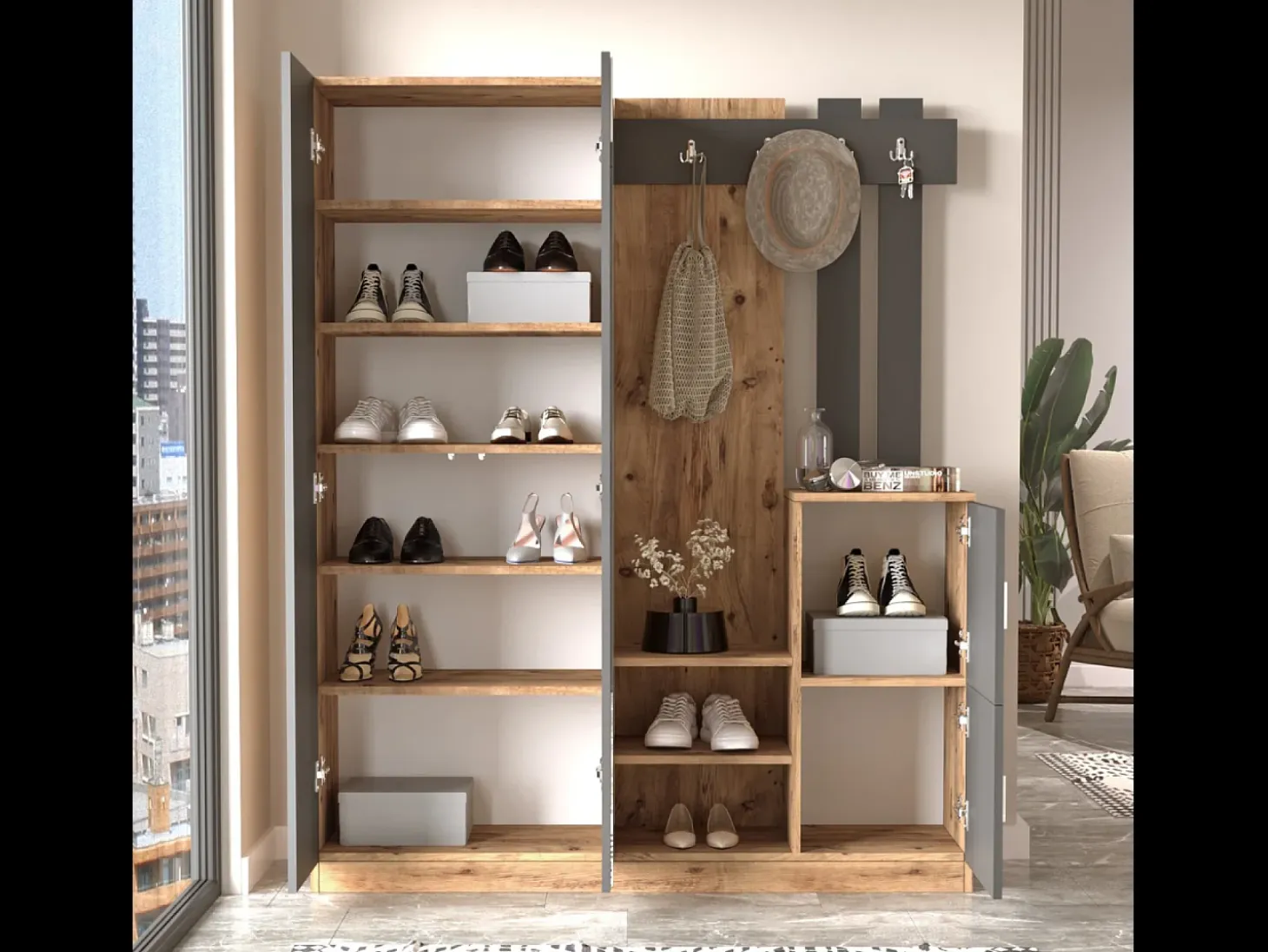 Mueble recibidor madera y gris con espejo ANKA