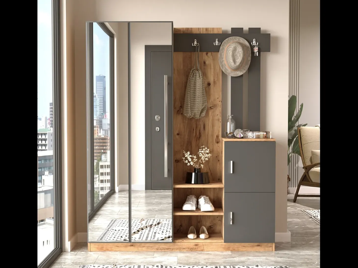 Mueble recibidor madera y gris con espejo ANKA