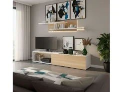 Mueble salón Kipi tv extensible 2 estantes blanco madera claro 65x220x32 cm