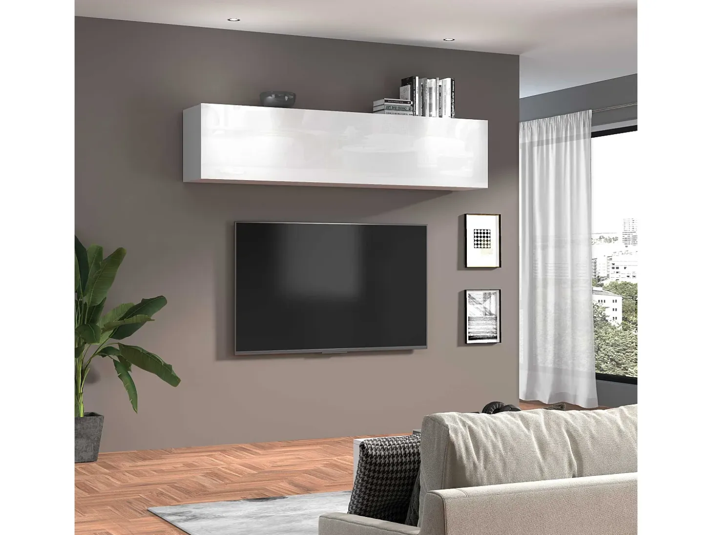 Mueble suspendido 180 cm salón blanco brillante puerta vasista 2 compartimentos Joy Up
