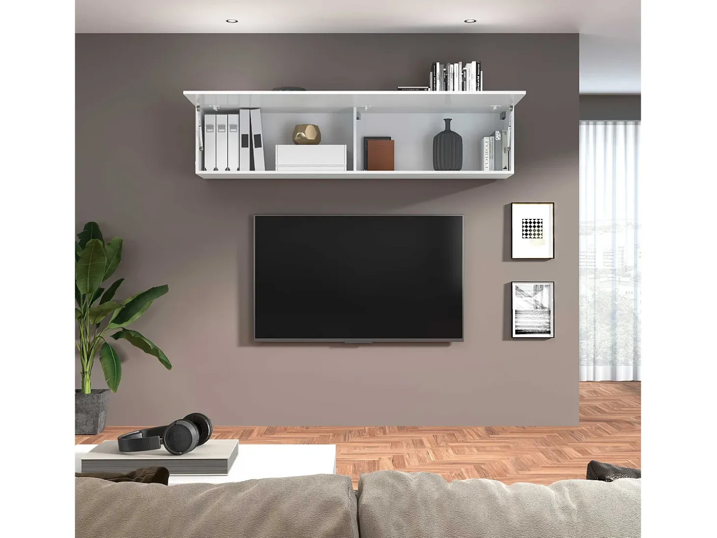 Mueble suspendido 180 cm salón blanco brillante puerta vasista 2 compartimentos Joy Up