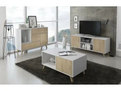 Mueble TV 140 Modelo WIND, color estructura Blanco, color puertas Roble, 137x40x57cm