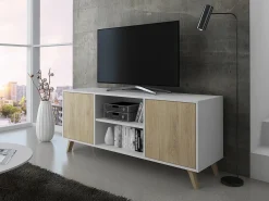 Mueble TV 140 Modelo WIND, color estructura Blanco, color puertas Roble, 137x40x57cm