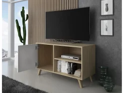 Mueble TV 100 Modelo WIND, color estructura roble, color puerta Blanco, 95x40x57cm