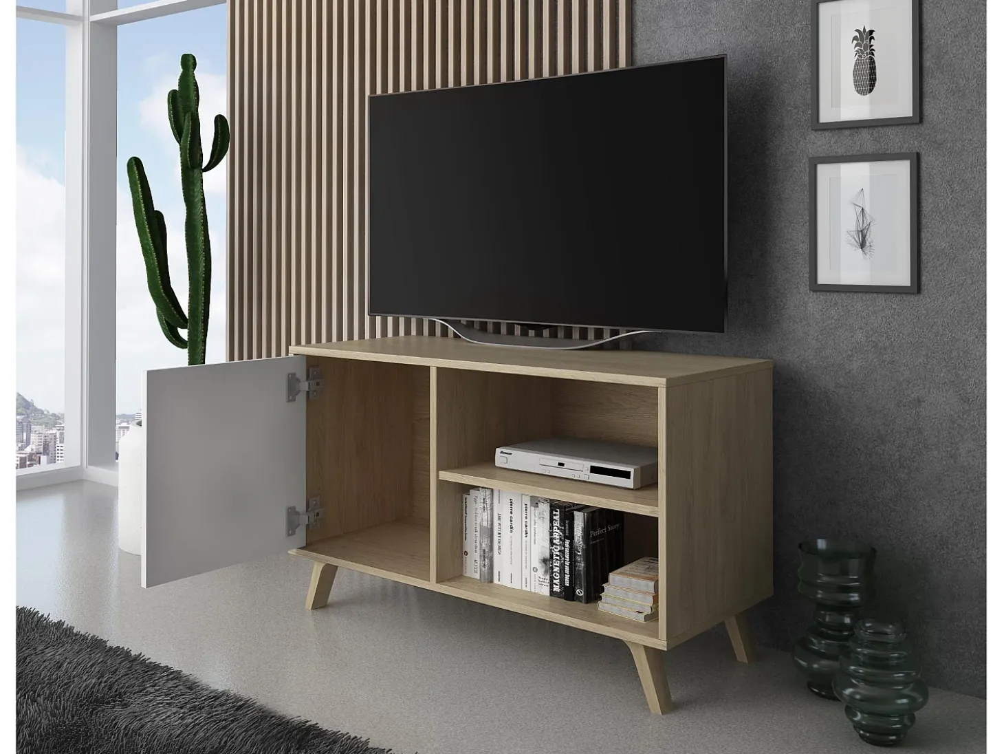 Mueble TV 100 Modelo WIND, color estructura roble, color puerta Blanco, 95x40x57cm