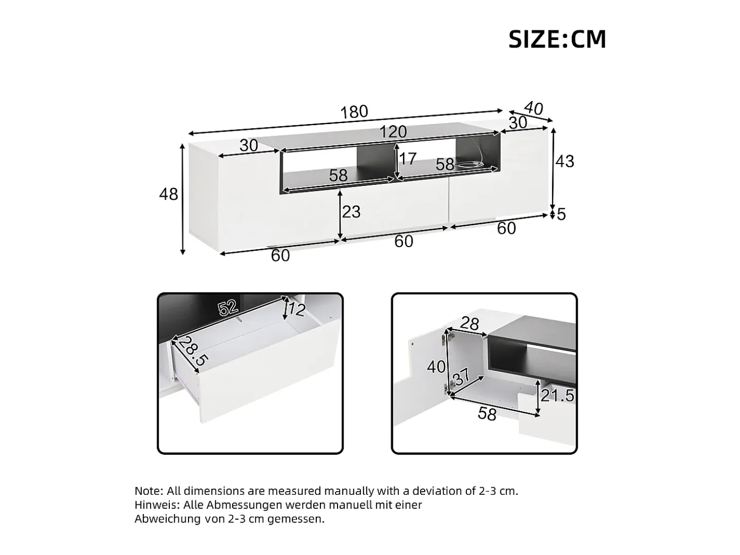 Mueble TV alto brillo 180×40×48 cm - con iluminación LED - 1 cajón y 2 puertas - para televisores de 75 pulgadas - blanco