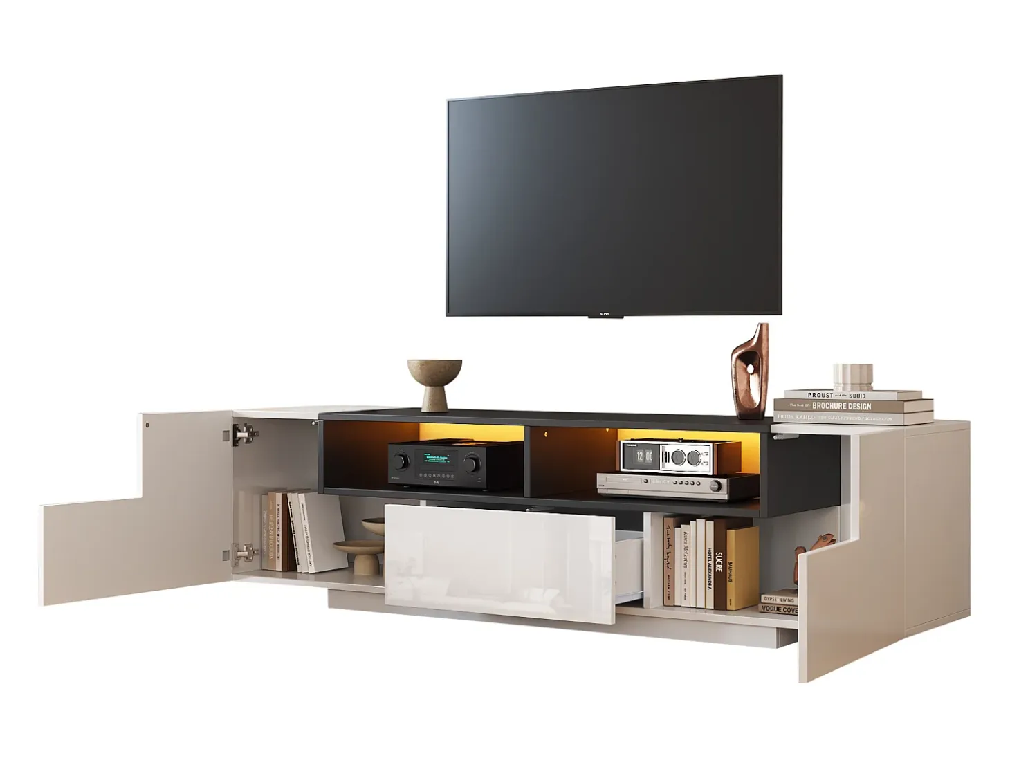 Mueble TV alto brillo 180×40×48 cm - con iluminación LED - 1 cajón y 2 puertas - para televisores de 75 pulgadas - blanco