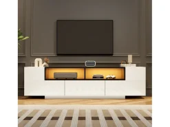 Mueble TV alto brillo 180×40×48 cm - con iluminación LED - 1 cajón y 2 puertas - para televisores de 75 pulgadas - blanco