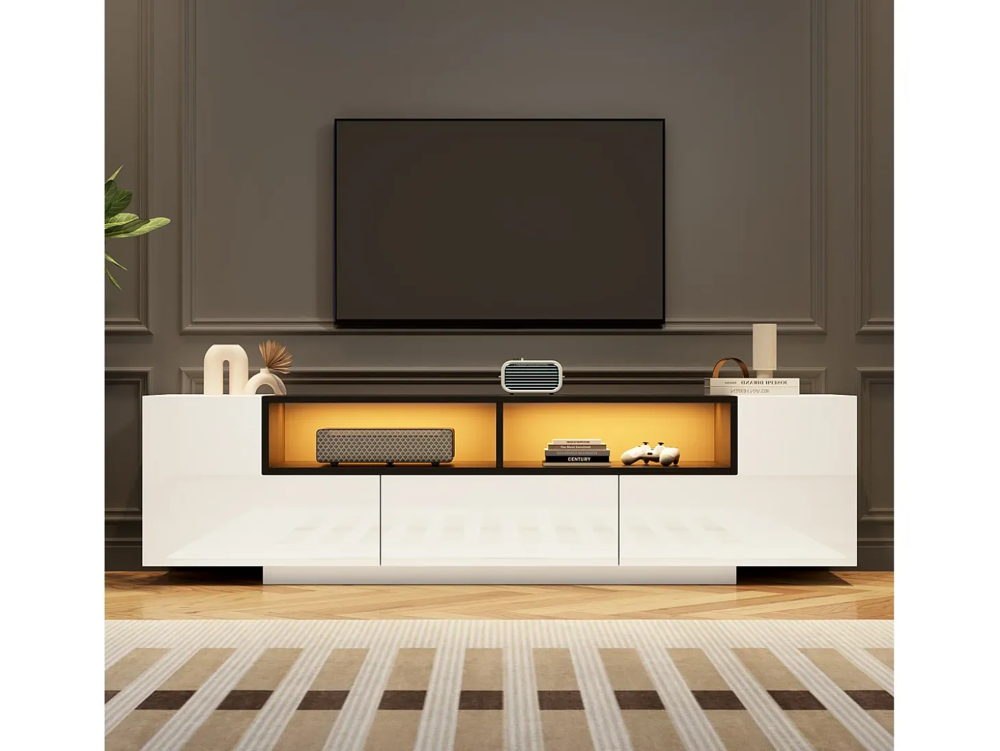 Mueble TV alto brillo 180×40×48 cm - con iluminación LED - 1 cajón y 2 puertas - para televisores de 75 pulgadas - blanco