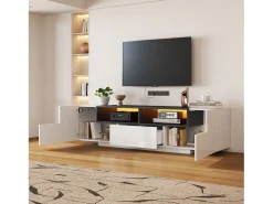 Mueble TV alto brillo 180×40×48 cm - con iluminación LED - 1 cajón y 2 puertas - para televisores de 75 pulgadas - blanco