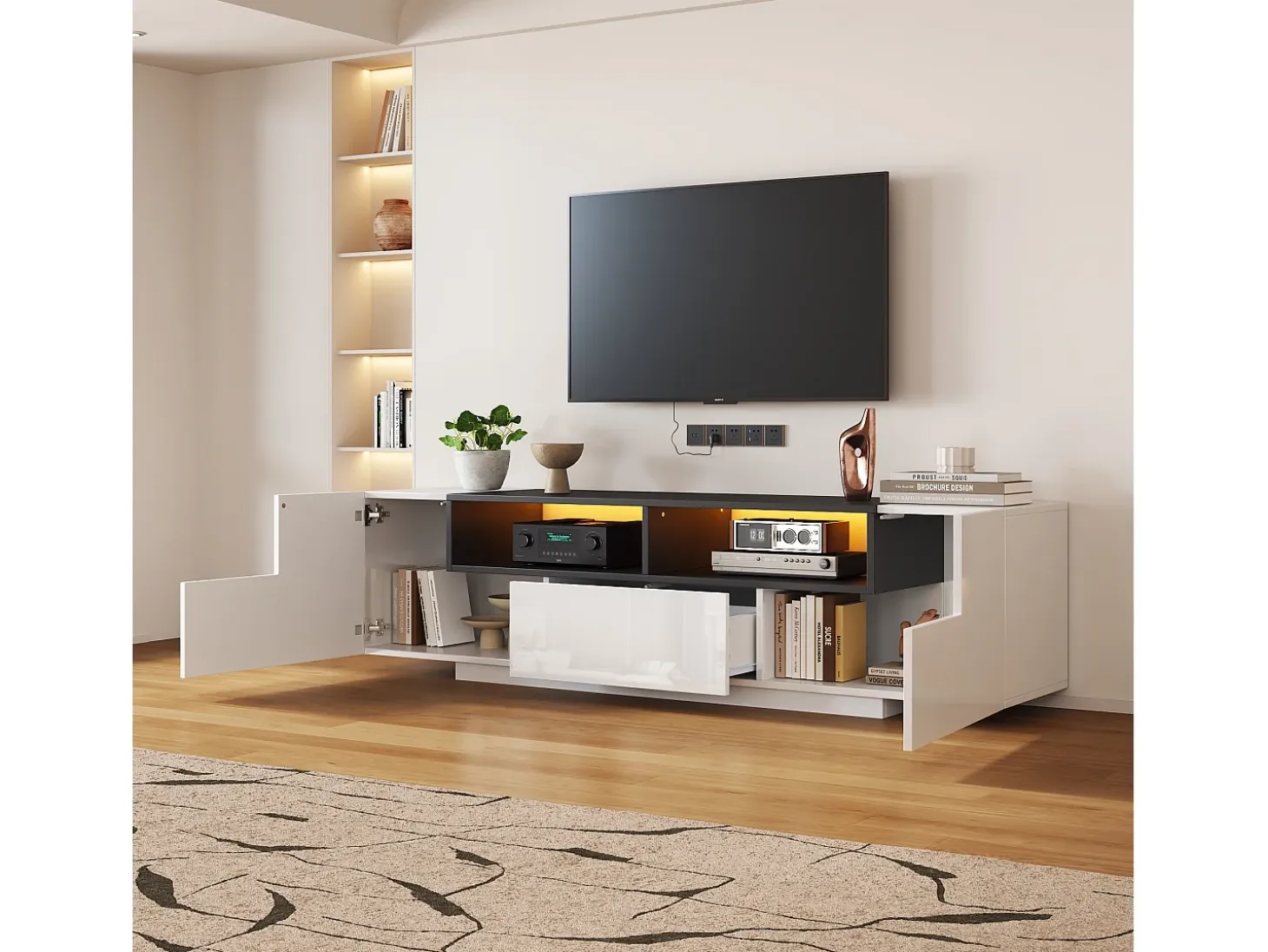Mueble TV alto brillo 180×40×48 cm - con iluminación LED - 1 cajón y 2 puertas - para televisores de 75 pulgadas - blanco