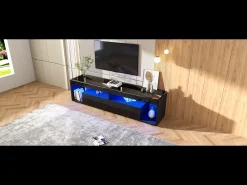 Mueble TV alto lacado con LED, para TV de hasta 70 pulgadas, con 2 cajones, material aglomerado, color negro (180x40x46cm)