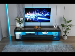 Mueble TV alto lacado con LED, para TV de hasta 70 pulgadas, con 2 cajones, material aglomerado, color negro (180x40x46cm)