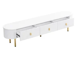 Mueble TV bajo 174 X 35 X 41cm con tres cajones, tiradores dorados y esquinas curvas, color blanco
