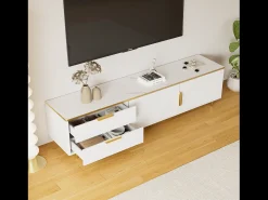 Mueble TV bajo blanco con dos cajones y puertas, para salón, dormitorio, blanco, 175x40x45cm