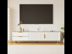 Mueble TV bajo blanco con dos cajones y puertas, para salón, dormitorio, blanco, 175x40x45cm