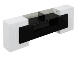Mueble TV bajo de 200 cm, con iluminación LED, diseño moderno y elegante superficie de cristal, para salón, color blanco