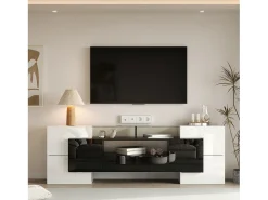 Mueble TV bajo de 200 cm, con iluminación LED, diseño moderno y elegante superficie de cristal, para salón, color blanco