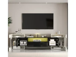 Mueble TV bajo de 200 cm, con iluminación LED, diseño moderno y elegante superficie de cristal, para salón, color blanco