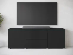 Mueble TV bajo moderno 180 cm – mueble alto para televisor con cajones y estantes, negro mate