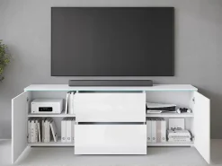 Mueble TV bajo moderno 180 cm – mueble alto para televisor con cajones y estantes, cuerpo blanco mate, frentes blanco brillo