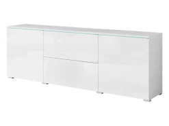 Mueble TV bajo moderno 180 cm – mueble alto para televisor con cajones y estantes, cuerpo blanco mate, frentes blanco brillo