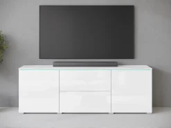 Mueble TV bajo moderno 180 cm – mueble alto para televisor con cajones y estantes, cuerpo blanco mate, frentes blanco brillo
