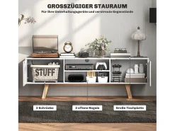 Mueble TV blanco 150×39×50 cm, 2 armarios y 2 estantes, para TV de hasta 65", salón