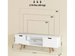 Mueble TV blanco 150×39×50 cm, 2 armarios y 2 estantes, para TV de hasta 65
