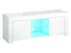 Mueble TV blanco, 2 puertas, estante de cristal, iluminación LED y pasacables, para salón, 120 x 34 x 45 cm